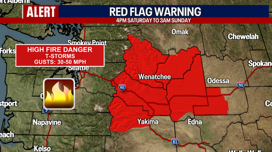 A map showing the areas of a Red Flag Warning in Central Washington Saturday.