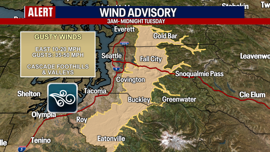 A map showing the areas of a Wind Advisory in Western Washington.