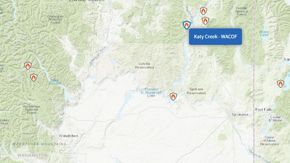 The Katy Creek Fire, burning six miles northwest of Kettle Falls, is burning 340 acres and is 0% contained. Officials say the fire was first reported on August 30 and was caused by a lightning strike.