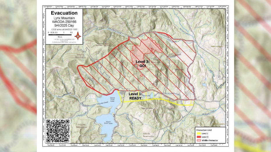 The Lynx Mountain Fire, burning 7 miles northwest of Inchelium and northwest of Twin Lakes, has reached 1,711 acres and is 0% contained as of Sept. 5. Level 3 