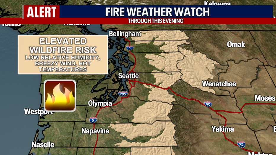 A map showing the location of a fire weather watch over the Washington Cascades.