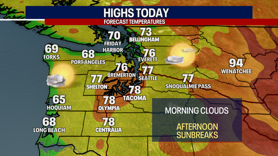 A map showing the high temperatures expected Labor Day in Seattle.