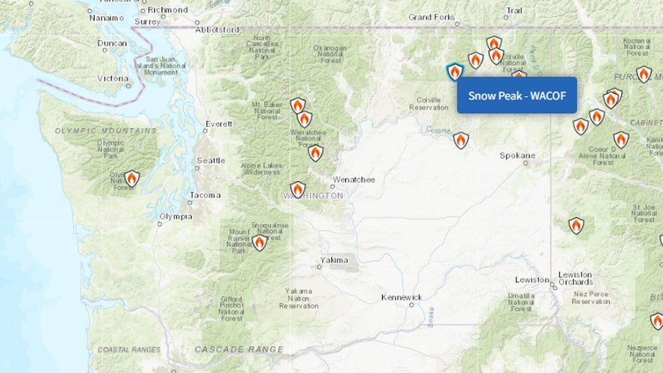 The Snow Peak Fire, burning 19 miles west of Kettle Falls, is burning 280 acres and remains 0% contained. Officials say the fire was first reported on Labor Day and was caused by a lightning strike. Crews project the fire may threaten the historic Snow Peak cabin, a valuable recreation site in the alpine area northwest of the fire.