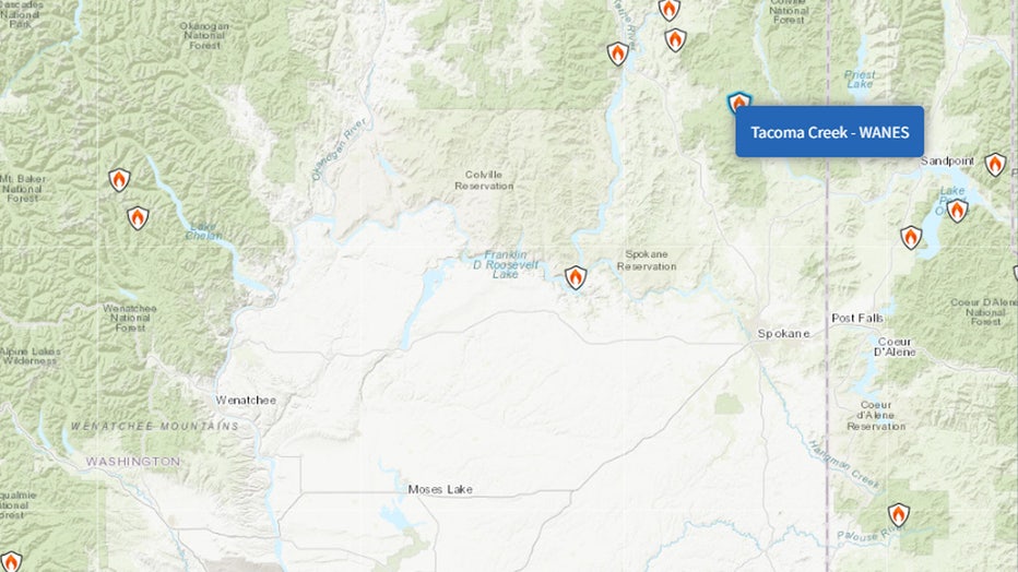 The Tacoma Creek Fire, burning 15 miles northwest of Cusick, is burning 100 acres and remains 0% contained. The fire was first reported on September 1, and the cause remains under investigation.