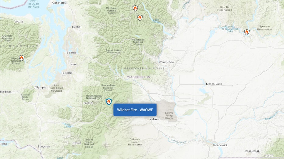 The Wildcat Fire, burning in the Cascades 30 miles west of Naches, has reached 1,170 acres and remains 0% contained. The fire was first reported on August 25 and was reportedly caused by a lightning strike. Officials estimate the fire to be fully contained by October 1.