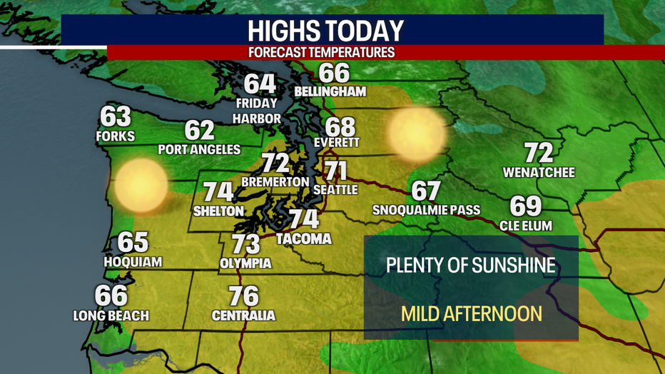 A map showing the high temperatures expected Tuesday in Western Washington.