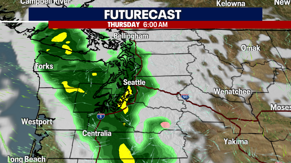 A map showing the forecast for rain Thursday morning in Western Washington.