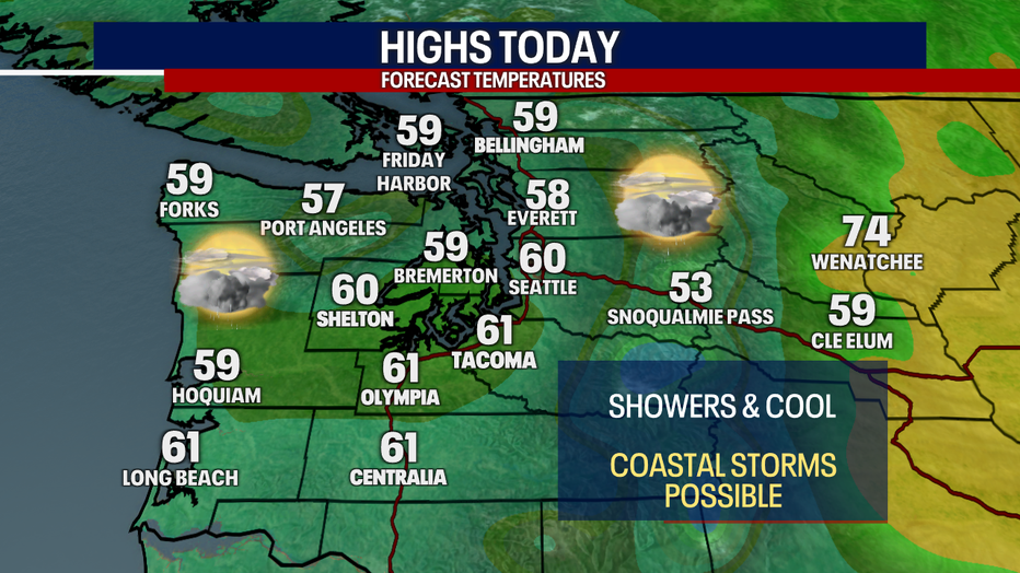 A map showing the high temperatures forecasted on Friday in Western Washington.