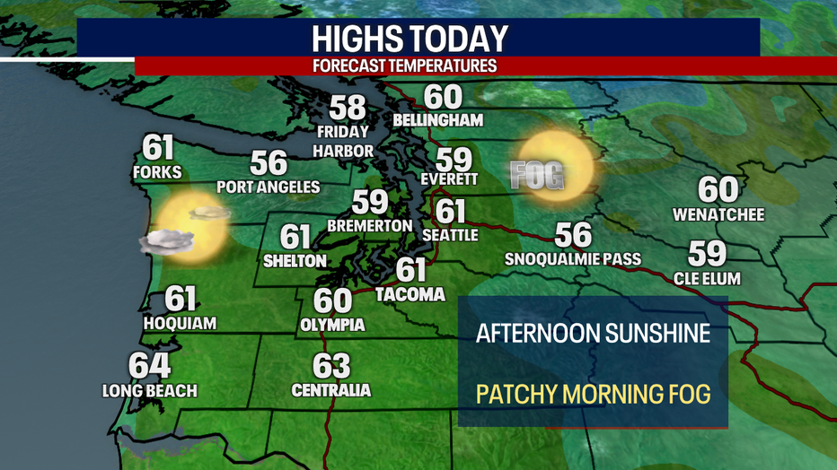 A map showing the forecast for Tuesday in Western Washington.