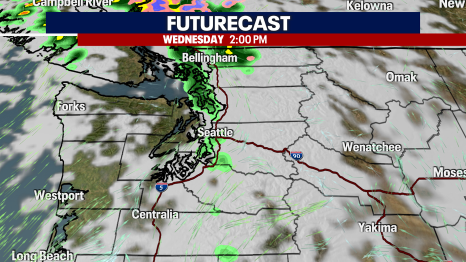 A map showing the clouds and rain forecast for Western Washington.