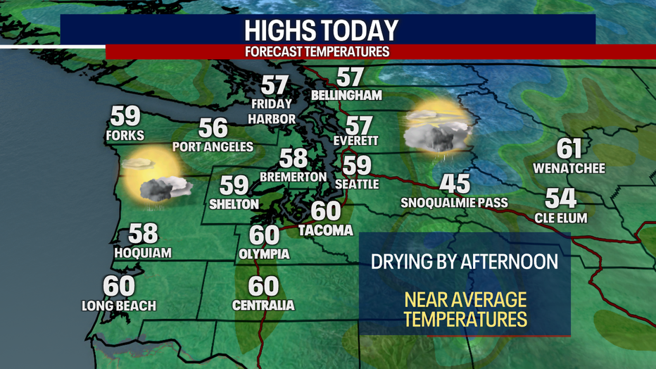 A map showing the high temperatures forecasted on Monday in Western Washington.
