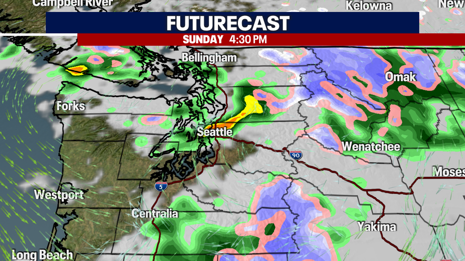 Increasing showers with some thunder possible on Sunday.