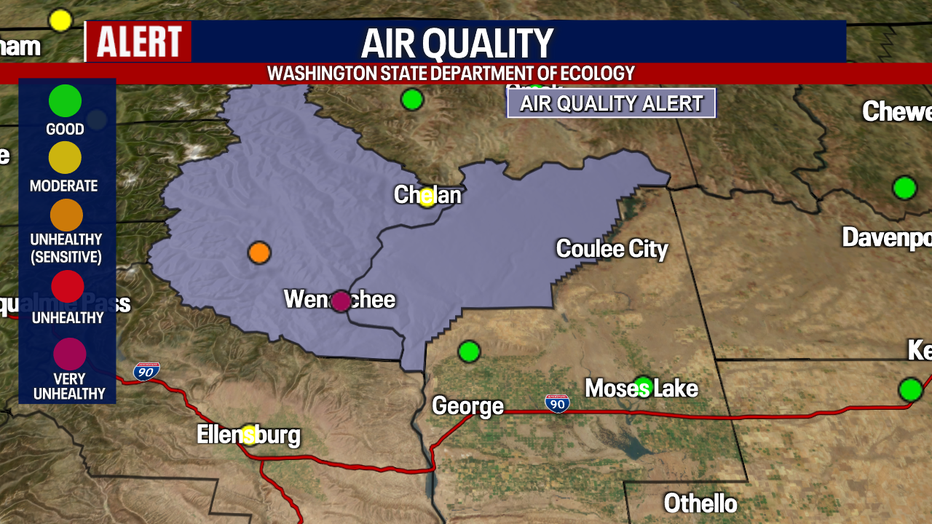 A map showing the air quality alerts in Central Washington.
