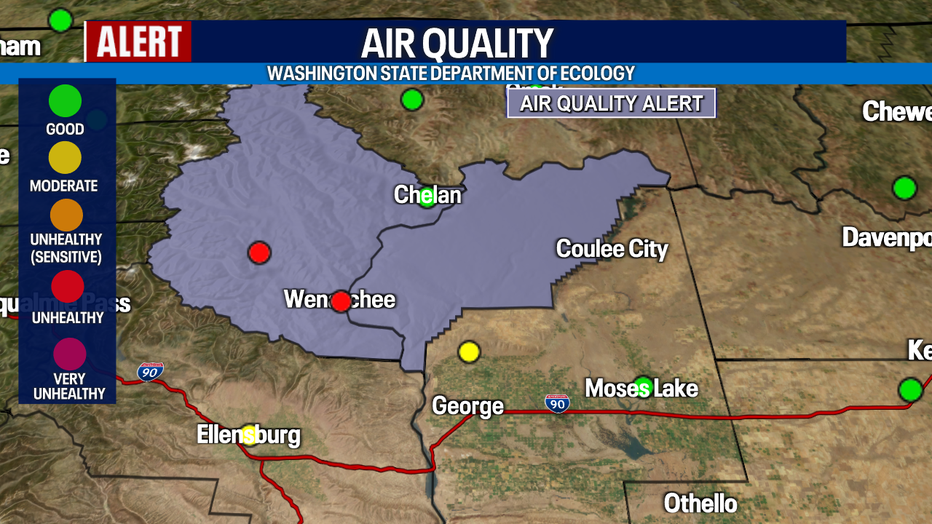 A map showing Air Quality Alerts in Central Washington.