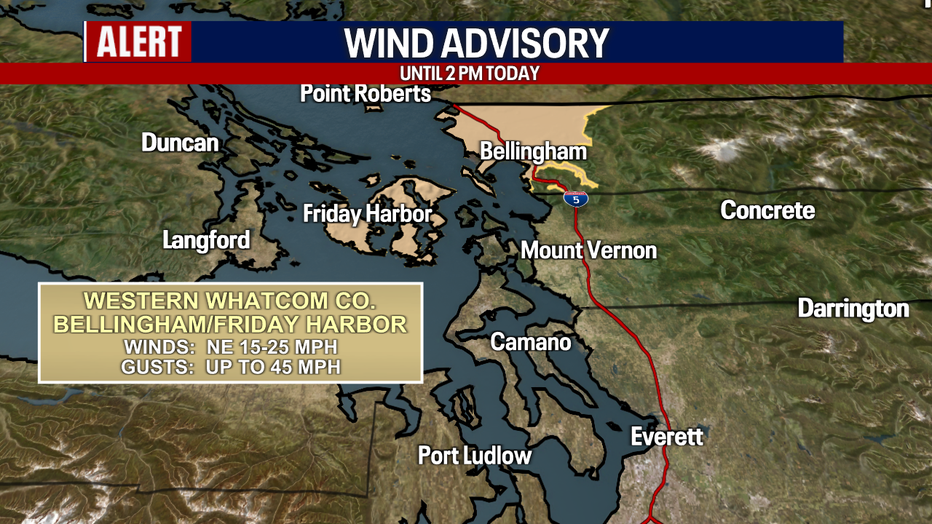 A map showing the areas under a Wind Advisory in the north Puget Sound.