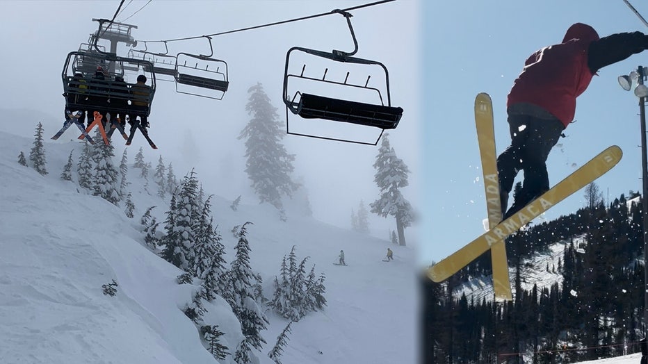 Family riding chairlift at Mt. Baker ski area and skier doing a trick at Mount Spokane.