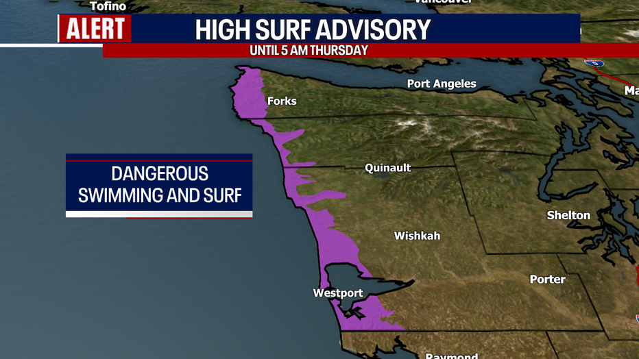 A map showing the locations of a High Surf Advisory in Washington.