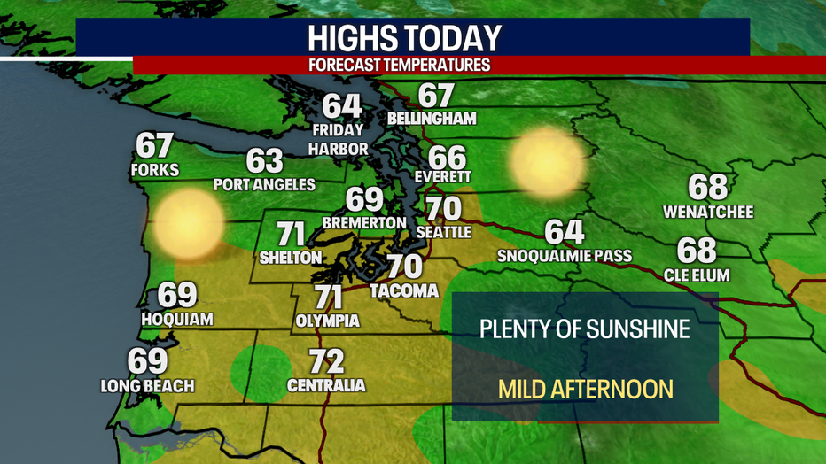 A map showing the high temperatures expected Monday in Western Washington.