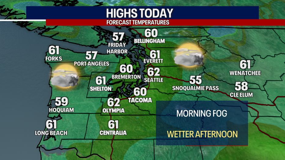 A map showing the forecast for Wednesday in Western Washington.