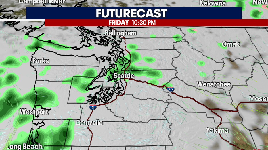 The clouds and rain forecast for Western Washington on Friday night.