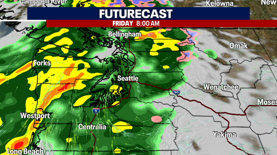 A map showing the rain forecast for Friday morning in Western Washington.