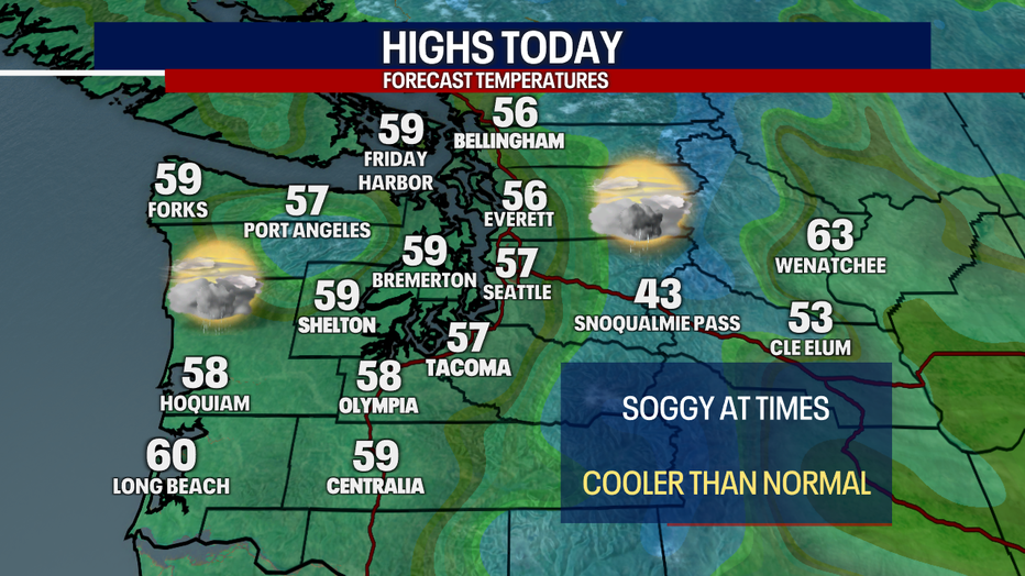 Cloudy weather with highs in the 50s are in store for Seattle on Saturday.