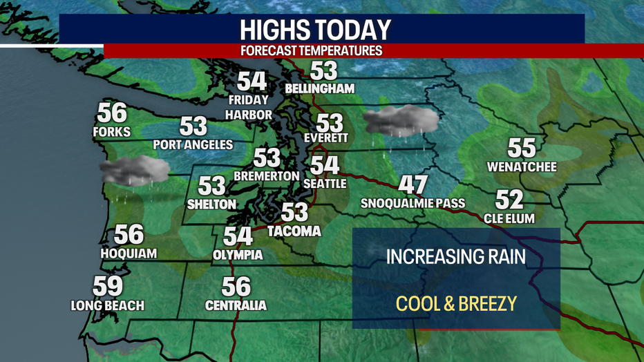 Gray skies and wet weather will develop in Seattle on Saturday.