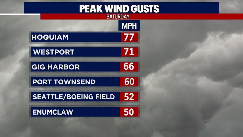 Gusty weather tore through Seattle and Puget Sound on Saturday night.