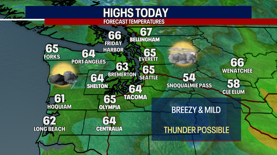 A map showing the high temperatures expected in Western Washington on Wednesday.
