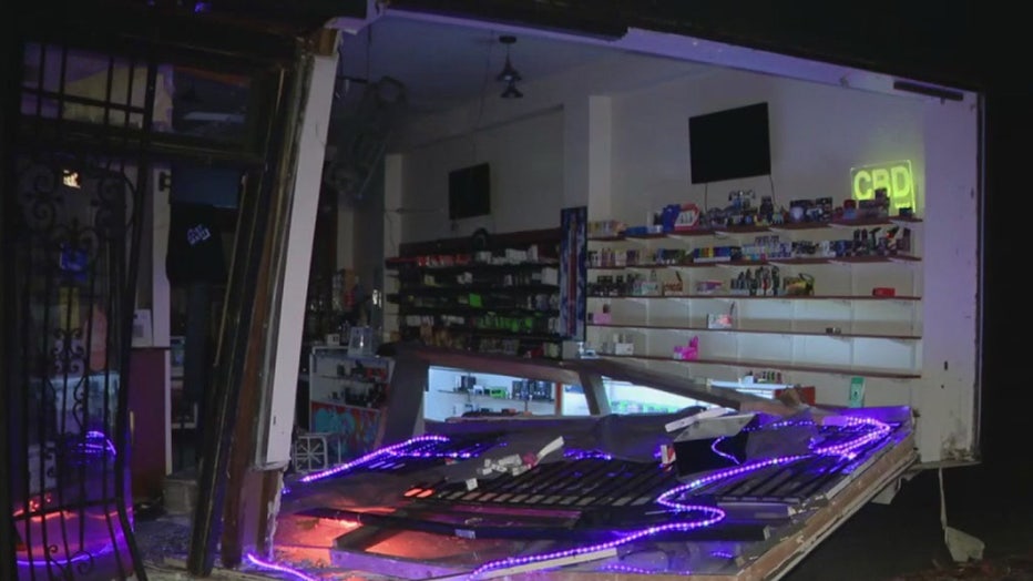 A vape shop in Seattle’s Belltown neighborhood was heavily damaged in a smash-and-grab burglary early Wednesday morning, police said. The break-in happened around 3:30 a.m. along Second Avenue between Battery and Wall streets, when several people used a car to ram into the storefront. A neighbor who lives across the street told FOX 13 they were awakened by loud crashing sounds and saw the crime unfold from their balcony. They shared surveillance video showing at least five suspects loading items into a getaway vehicle before speeding off down Second Avenue. Seattle police said the suspects did not appear to have weapons, but ran to their car and drove off when they saw a security guard nearby. Officers later learned that the vehicle used to ram the building was from Kent and appeared to be an unreported stolen car. Investigators said the ignition had been tampered with so it could start without a key.