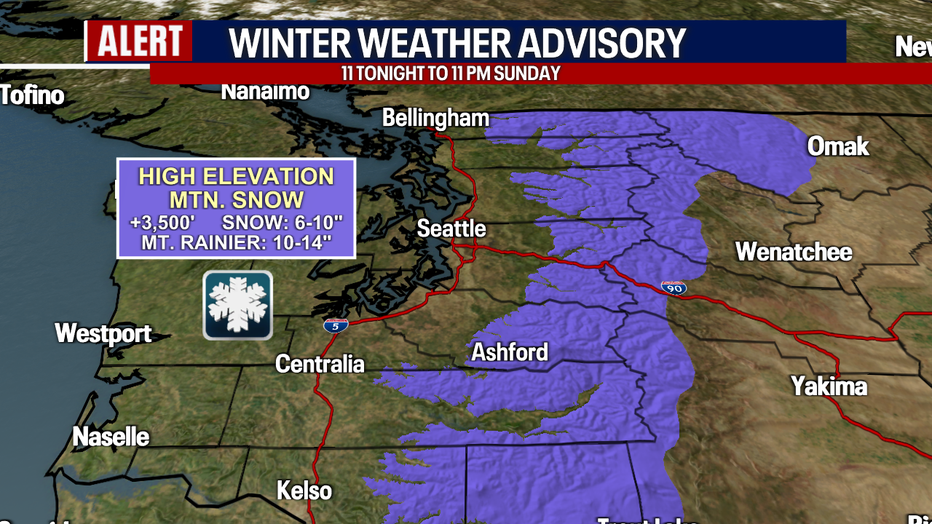 Snowy, wintry weather is predicted over the mountain passes of Washington from Saturday night to Sunday evening.