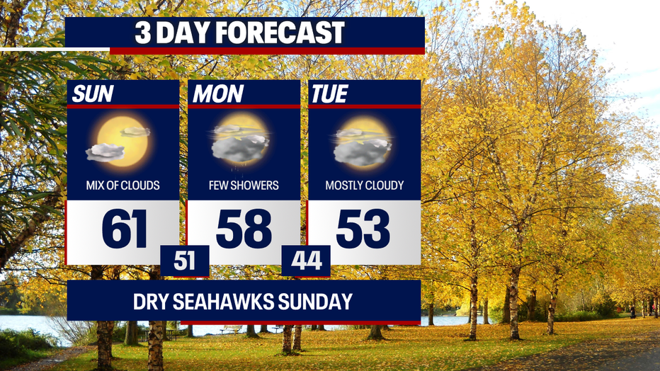 Damp weather is a possibility at times early Monday morning in Seattle.