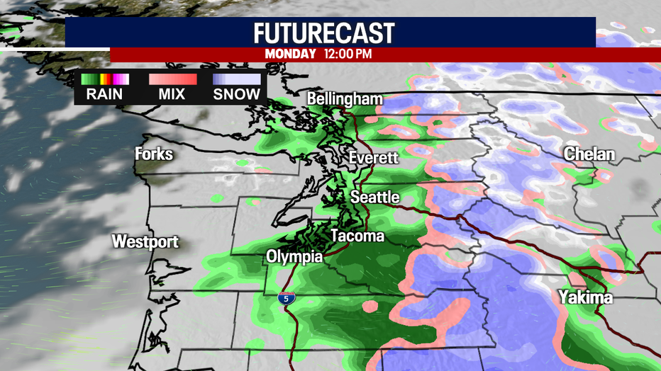 Be prepared for sloppy weather for the middle part of the day on Monday in Seattle.