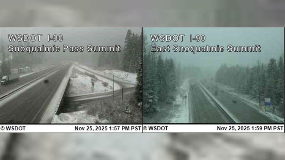 As of 1 p.m., there are no restrictions on eastbound or westbound traffic on I-90 over Snoqualmie Pass. Conditions are currently bare and wet, with light snow falling.