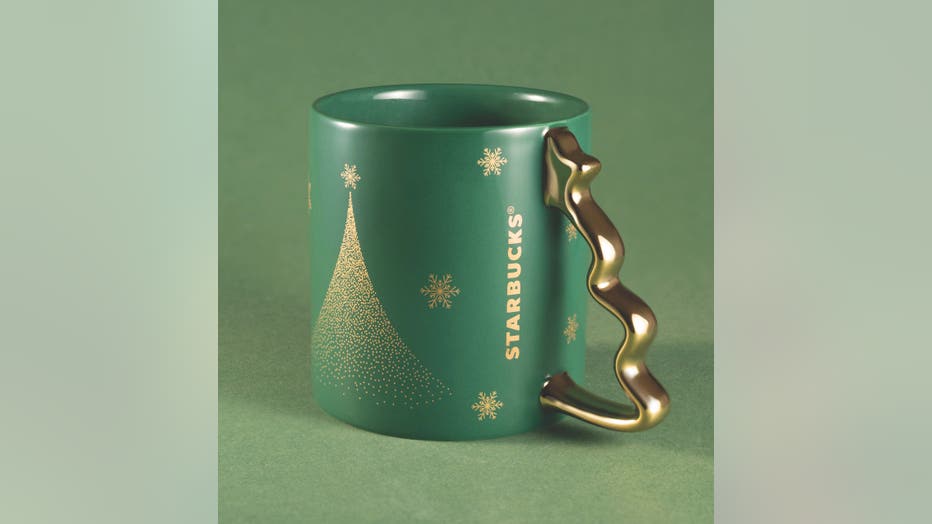 starbucks green holiday mug with tree handle