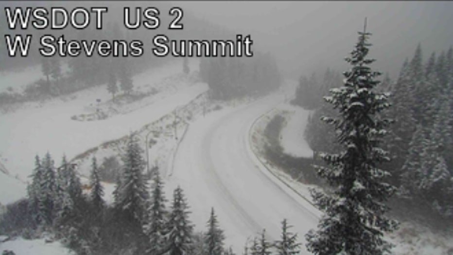 As of 1 p.m., traction tires are required on all vehicles traveling through Stevens Pass. Chains are required on vehicles over 10,000 gross vehicle weight. Oversize vehicles are prohibited. There is compact snow and ice on the roadway. 