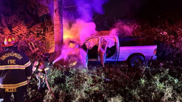 Driver pulled out of pickup truck after fiery crash on SR 9 in Snohomish County, WA