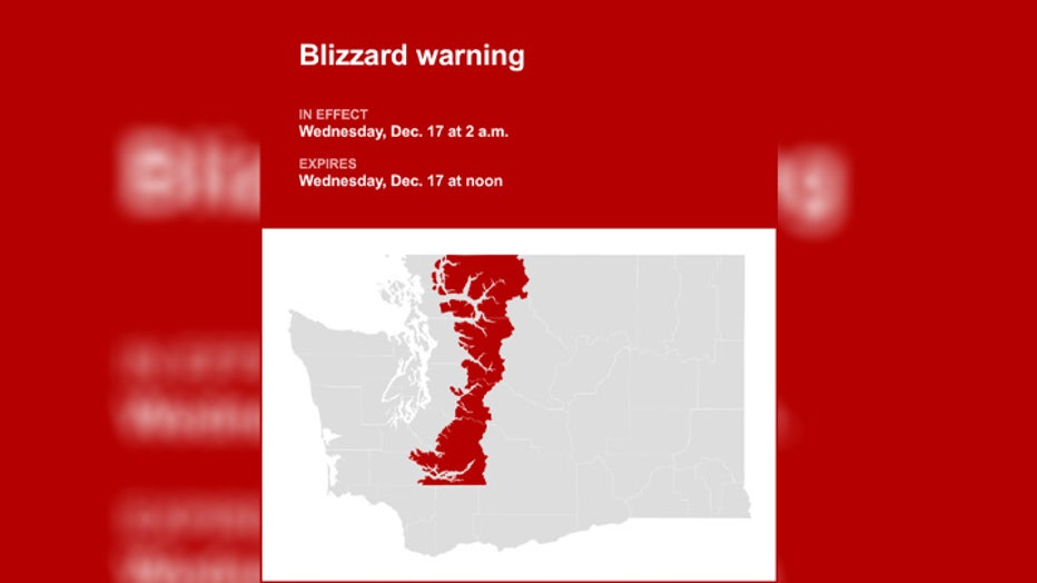 The National Weather Service (NWS) issued a blizzard warning for the Washington Cascades and Olympic Mountains to take effect Wednesday. According to the NWS, the blizzard warning will go into effect for both mountain ranges between 2 a.m. and noon. In the Cascades, snow accumulations between 10 and 20 inches are possible, accompanied by 25 mph winds. For the Olympics, meteorologists are anticipating possibly 10 to 15 inches at Hurricane Ridge. The NWS says these weather conditions could impact the Tuesday evening and Wednesday morning commutes. Strong winds could also cause extensive tree damage.