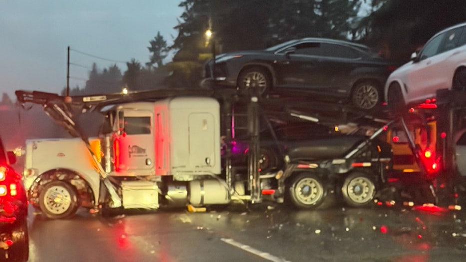 A multi-car crash involving a car-hauling semi-truck and a school bus snarled traffic on northbound I-5 in Lacey on Thursday morning. Officials say the crash happened at around 7:29 a.m. on northbound I-5 at milepost 109.1 near Martin Way East. A semi-truck carrying multiple vehicles jackknifed and is blocking all northbound lanes. Traffic is being diverted at Martin Way, and as of 8:30 a.m., traffic was backed up about five miles. According to Washington State Patrol Trooper Kameron Watts, the crash involved a semi, a school bus and an unknown number of other vehicles. There were multiple complaints of injuries. However, troopers said there were no children on the bus. Troopers are on the scene gathering more information. This is a developing story. Check back for updates.