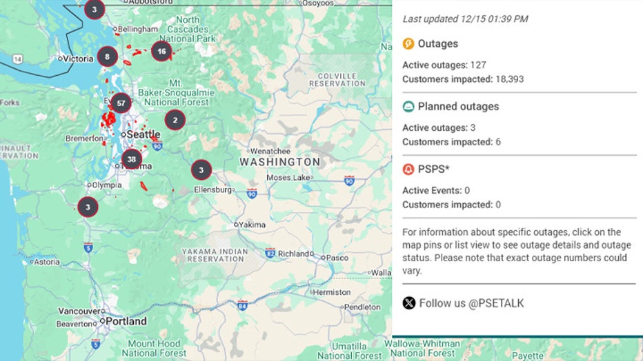 As of 1:44 p.m., Puget Sound Energy is reporting 127 active outages impacting 18,393 customers. A second major storm in just over a week is bringing heavy rain and strong winds, worsening saturated soils from recent flooding and causing power outages expected to continue Monday. PSE officials warn unstable ground could trigger landslides as crews monitor conditions and stand ready.