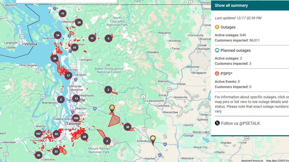 Puget Sound Energy power outages as of 3 p.m. Wednesday, 12/17