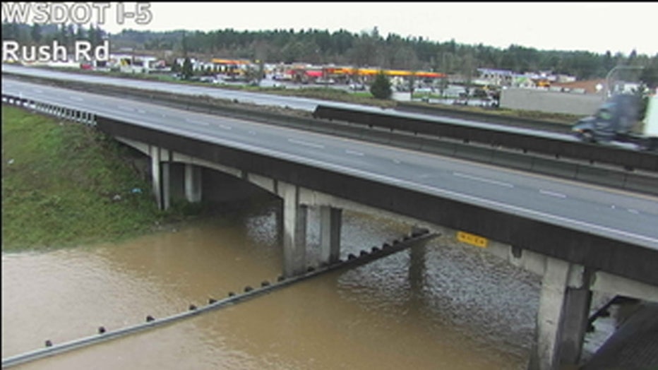 Rush Road in Napavine is completely submerged by floodwaters, according to live Washington State Department of Transportation cameras.