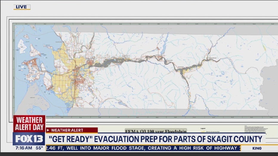 Skagit County officials are warning anyone living within the 100-year flood plain is at a Level 2: Get Ready evacuation. Officials are urging people to prepare for an evacuation order within the next 24 hours and to make sure to have their "Go! Kit" ready and in their car. 