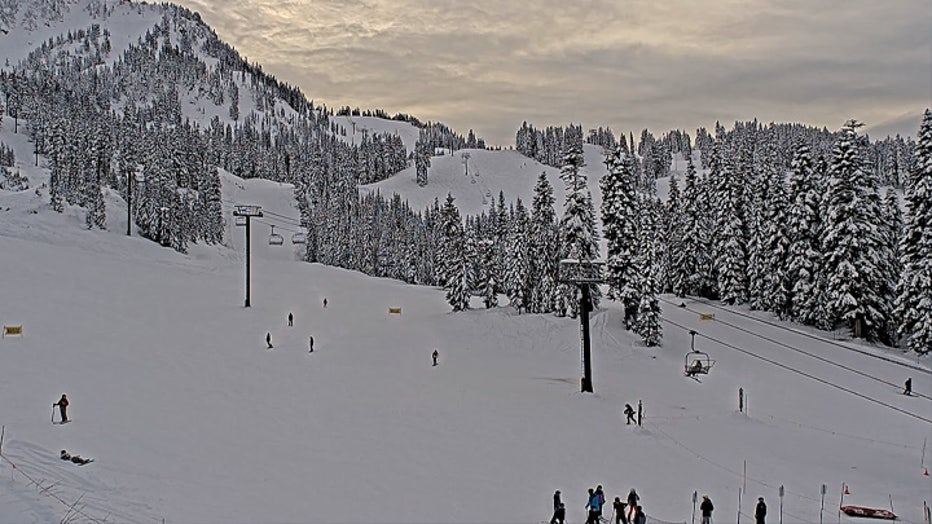 Stevens Pass Ski Resort opening day Dec. 29, 2025. Snowy conditions. US-2 partially reopens allowing the resort to open, and allowing skiers and snowboarders access to the resort.
