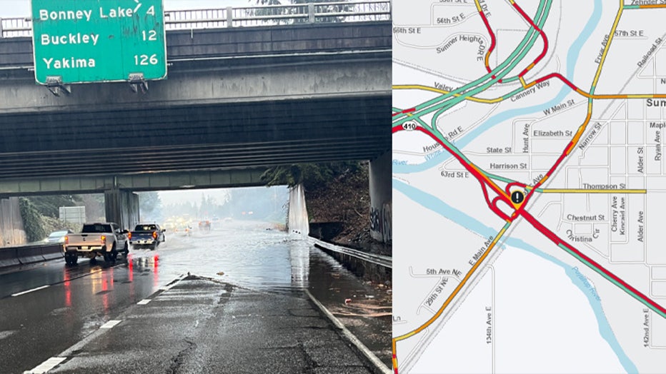 WSDOT Tacoma announced at 9:32 a.m. that SR-410 in Sumner was closed in both directions between Main/Traffic Avenue and SR-162/Valley Avenue due to flooding.