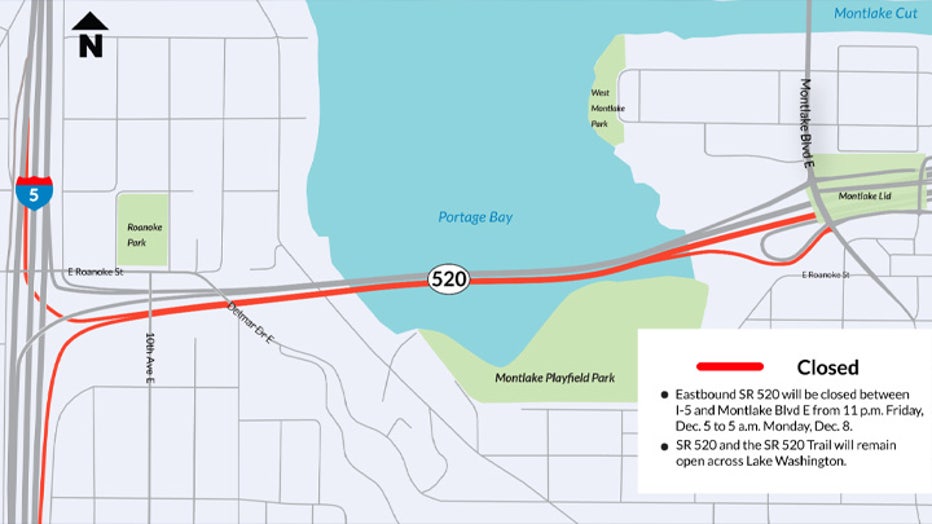 Eastbound SR 520 between I-5 and Montlake Boulevard will close from 11 p.m. Friday to 5 a.m. Monday for construction work. Crews will remove existing barriers and install temporary ones as part of the Portage Bay Bridge and Roanoke Lid Project. Eastbound lanes across Lake Washington and the Montlake on-ramp will stay open, while westbound SR 520 and the trail are unaffected.