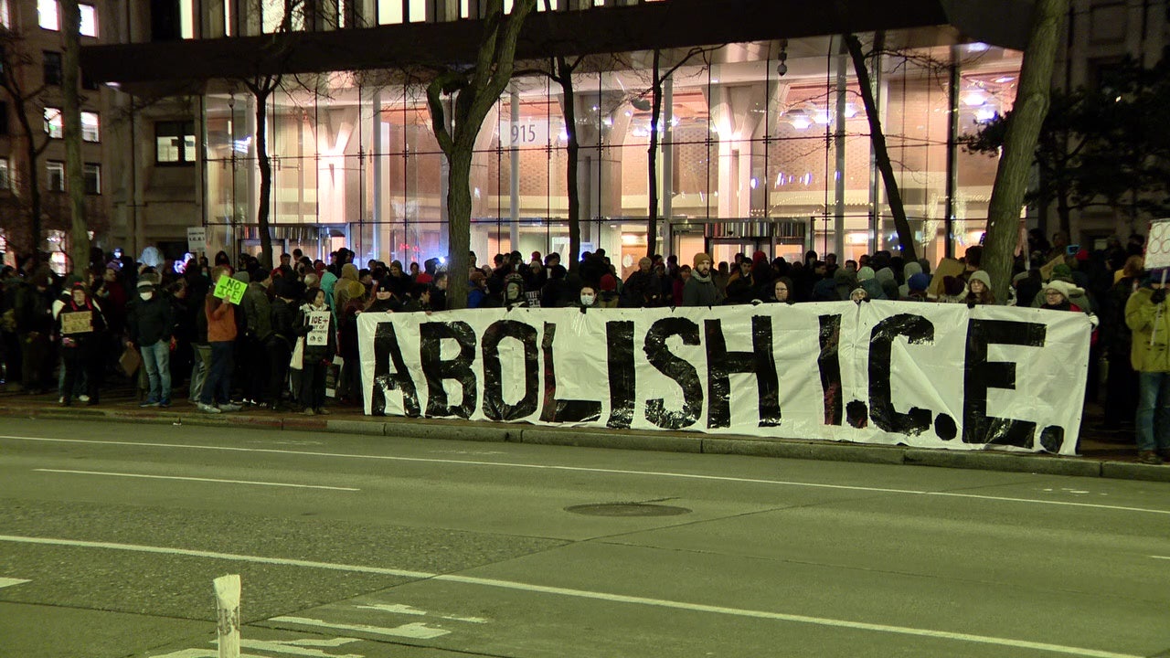 Around 200 protest fatal ICE shooting in front of Seattle's federal building