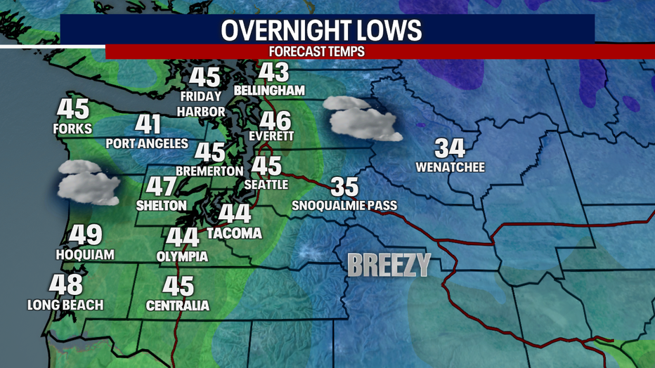 A map showing the overnight low temperatures in Western Washington.