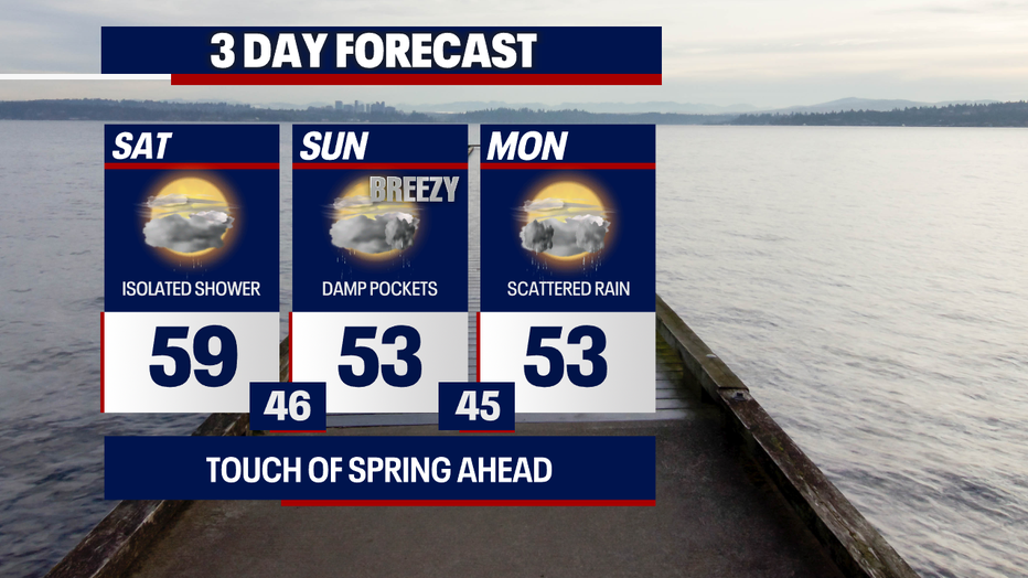 Occasionally damp and breezy weather is a possibility on Sunday in Seattle.