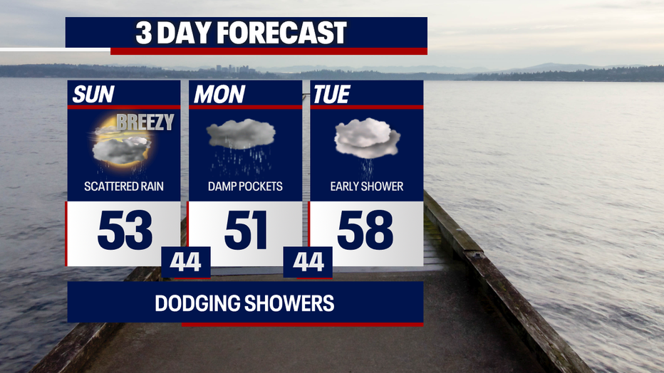 Cloudy, breezy and wet weather will move into Seattle on Sunday.